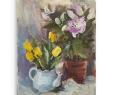 Yellow tulips Floral painting Original oil canvas Still life Pink lilies art