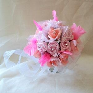 Pink Flowers Wedding, Hot Pink, Roses. Bouquets, Bride, Bridal, Bling, Round, Native, Feathers, Bridesmaid, Attendant, Bouttonnieres