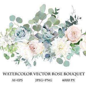 Classic pink rose, white peony, orchid flowers, blue succulent, dahlia, eucalyptus, fern, greenery vector design wedding spring bouquet.