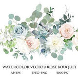 Classic pink rose, white peony, orchid flowers, blue succulent, dahlia, eucalyptus, fern, greenery vector design wedding spring bouquet.