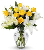 | Yellow Rose and Lily Bouquet, Prime Delivery, Free Vase, Farm Direct Fresh