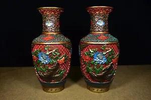 Chinese Antique Lacquerware Painted Peony Flower Vases A Pair Home Decor Art