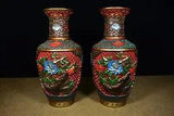 Chinese Antique Lacquerware Painted Peony Flower Vases A Pair Home Decor Art