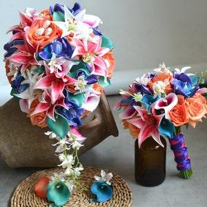 Rainbow Bridal bouquets, Real Touch Roses, Teal Calla Lilies, Hot Pink Garden Tiger Lilies, Silk Orchids, Blue Purple Pink Wedding Bouquets,