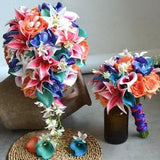 Rainbow Bridal bouquets, Real Touch Roses, Teal Calla Lilies, Hot Pink Garden Tiger Lilies, Silk Orchids, Blue Purple Pink Wedding Bouquets,