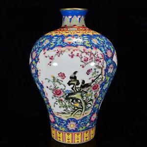 16"Marked Qianlong Peony Flower Bird Collection Enamel Porcelain Bottle Vase