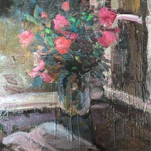 Oil painting Roses on the windowsill Unknown artist nAAA2179