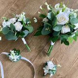 White/ivory Wedding set/Silk bridal and bridesmaid bouquets, boutonniere & wrist corsage/ Eucalyptus bridal bouquets/Wedding flowers package