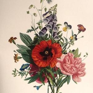 Vintage JUNE BOUQUET Wall Print - French Botanical Art by JL Prevost- Red Poppy Pink Peony Purple Foxglove- Spring Floral Arrangement- 14x10