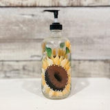 Hand painted Glass Soap, Lotion Dispenser Bottle Sunflower, 16oz.with Black pump