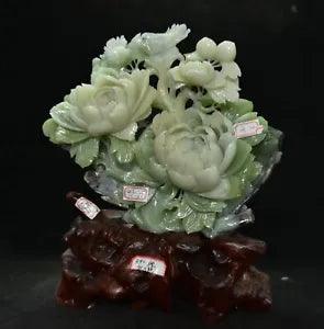 16.4" Old Chinese Xiu Jade Jadeite Carved Peony Flower Bird Decor Lucky Statue