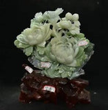 16.4" Old Chinese Xiu Jade Jadeite Carved Peony Flower Bird Decor Lucky Statue