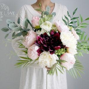 Blush Burgundy Dahila Wedding Bouquet best for Bride, bridesmaid and flowergirl,romantic soft pink and white bouquet for wedding