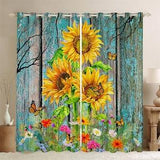 Rustic Sunflower Window Curtain Set, Colorful Garden Flowers Butterfly Window Drapes, Retro Teal Blue Wooden Board Print Curtains, Handmade