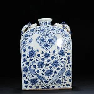 15.7" China Porcelain yuan dynasty Blue white peacock peony flower Four ear Vase