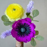 Small Crepe Paper Festive Bouquet Yellow Ranunculus Fake Purple Flower For Her Unique paper Bouquet Compliment