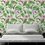 White Tropical Wallpaper with Green Monstera Leaves and Pink Orchid, Peel and Stick Wallpaper, Removable Wall Mural, Self Adhesive