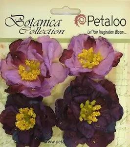 RUFFLED PEONY - PURPLE 45 to 50mm x 4 Flowers with Centre FABRIC Textured Pet A1