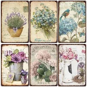 Flowers Metal Retro Plates Rose Peony Lavender Art Plaque Vintage Posters