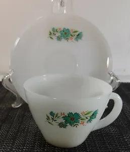 Vintage Fire King White Milk Glass With Blue Carnation Tea Cup/Saucer Set