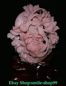 17.7" Chinese Natural Pink Xiu Jade Fengshui Flower Bird Peony Animal Statue
