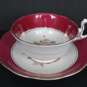 1930's Royal Albert Red Tea Cup, Saucer/ Hand Painted, Gilded, Maroon, Bouquet, Pink Roses, Doris shape, footed tea cup saucer, teacup