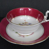 1930's Royal Albert Red Tea Cup, Saucer/ Hand Painted, Gilded, Maroon, Bouquet, Pink Roses, Doris shape, footed tea cup saucer, teacup