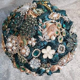 Emerald Green Brooch Wedding Bouquet,Satin Rose Bouquet,Bouquet For Bride