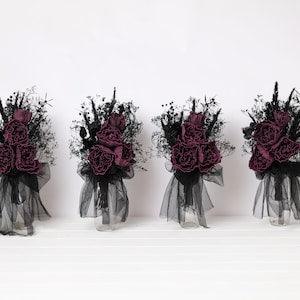 Black dark purple eggplant wedding bouquet with black veil, wedding bouquet in eggplant colored, dark purple eggplant colored peonies