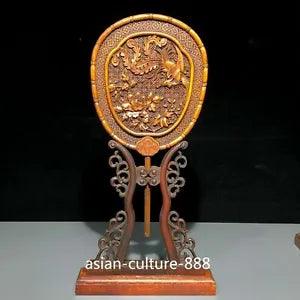 Old Boxwood Wood Phoenix Bird King Flower  Peony Fan Folding Screen ?????????? Statue