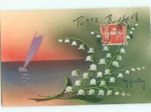 NEW LISTINGforeign c1910 Postcard signed LILY OF THE VALLEY FLOWERS WITH SAILBOAT AC3831
