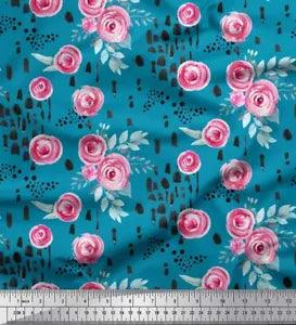 Soimoi Blue Cotton Poplin Fabric Brush Stroke & Ranunculus Floral-oDO