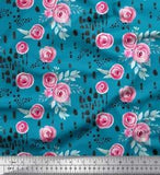 Soimoi Blue Cotton Poplin Fabric Brush Stroke & Ranunculus Floral-GYi