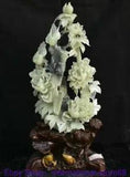 20.8" China Natural Xiu Jade Carving Feng Shui Peony Flower Bird Base Statue