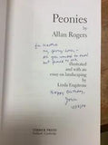 Flower book page titled Peonies with illustrated poem text and credits