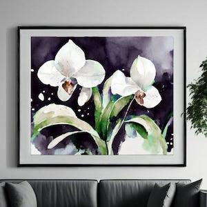 Snow Orchid Fine Art Print, Indigo Blue Watercolour Abstract Flower Wall Art, White Floral Painting, UK artist