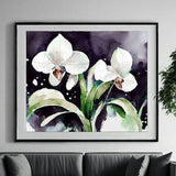Snow Orchid Fine Art Print, Indigo Blue Watercolour Abstract Flower Wall Art, White Floral Painting, UK artist