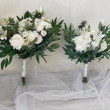 Classic wedding rose bouquet in silk flowers, bridesmaid bouquet, boutonnieres for the groom and groomsmens. Wedding set.
