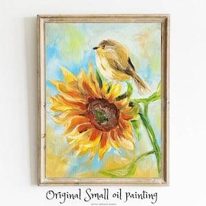 Sunflower original small oil painting, miniature wall art, Above Sofa Art, Sunflower decor by Renata Minko