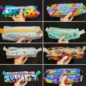 Boxy Pencil Case /Dopp Toiletry / Makeup gift bag ~ made with various Rainbow fabrics - paw prints roses, sunflowers, sushi, feathers