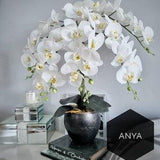 Anya white orchid display in pewter metal vase ,real touch flowers , artificial plants and leaves.