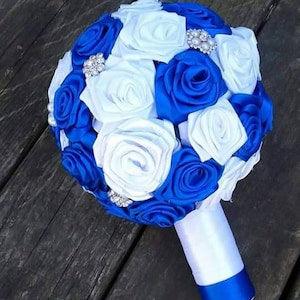 Royal Blue and White Ribbon Rose Bouquet with Brooch Accents | Fabric Wedding Flowers for Bridal Party | Custom Made to Order |