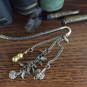Detailed Tibetan Silver Bookmark with Sunflower And Double Sided Bee Charm, and Czech Yellow Beads, with Silver etched leaves.