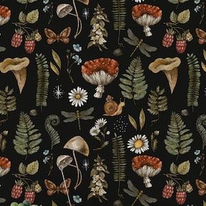 Daisy and Leaf Pattern Wallpaper, Dark Botanical Wallpaper, Mushroom Wallpaper, Forest Wallpaper, Botanical Wallpaper, Dark Green Wallpaper