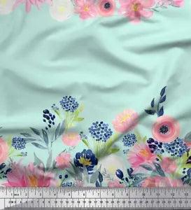 Soimoi Green Cotton Poplin Fabric Ranunculus & Chrysanthemum Floral-m1x