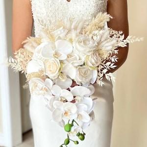White Boho Cascading Wedding Bouquet with Silk Roses, Cream Dried Preserved Foliage, and High Quality Real To Touch Orchids