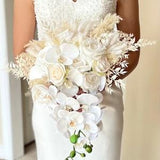 White Boho Cascading Wedding Bouquet with Silk Roses, Cream Dried Preserved Foliage, and High Quality Real To Touch Orchids