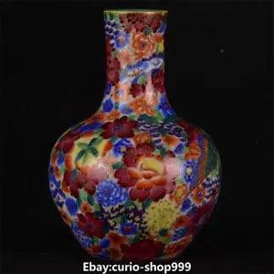 8.2" Old Qianlong Year Famille Rose Porcelain Palace Peony Flower Bottle Vase