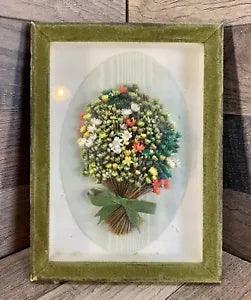 Vintage Wall Art Dried Flower Bouquet in Green Velvet Frame 8" x 6"