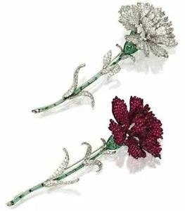 925 Sterling Silver Brooch Cubic Zirconia  Carnation Flower Red Green Baguette1